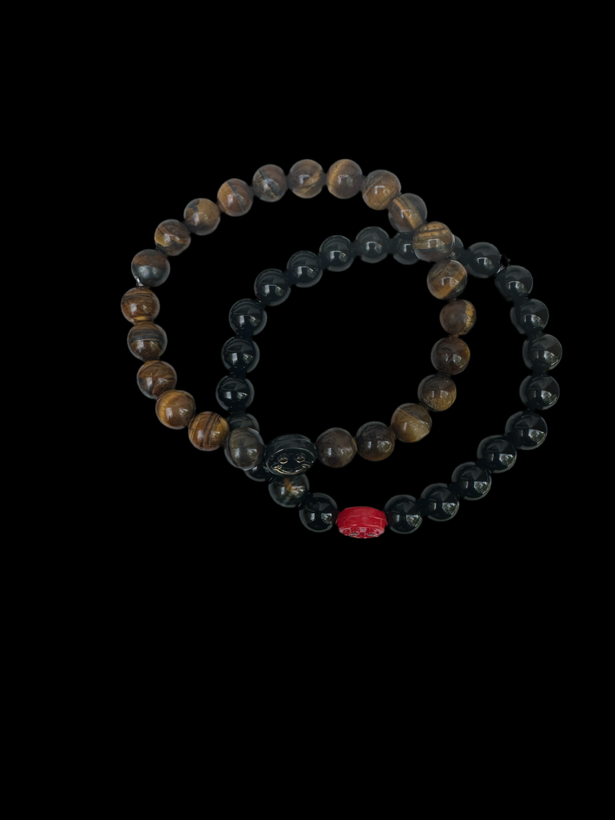 Smiley-Gesicht-Armband aus Tigerauge mit rotem Bergkristall & Hämatit - Fördert das Wohlbefinden & die spirituelle Gesundheit