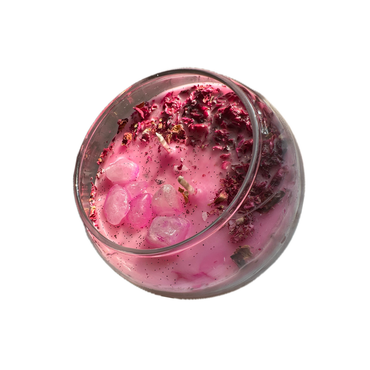 Crush Rose Selbstliebe Kristallkerze - Zerdrückte Rosen mit Rosenquarz-Kristallen, Universelles der Liebe für das Herzchakra, Deko & Ornamente