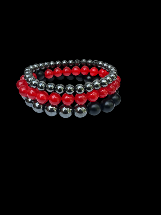 Red hot black hematite bracelets