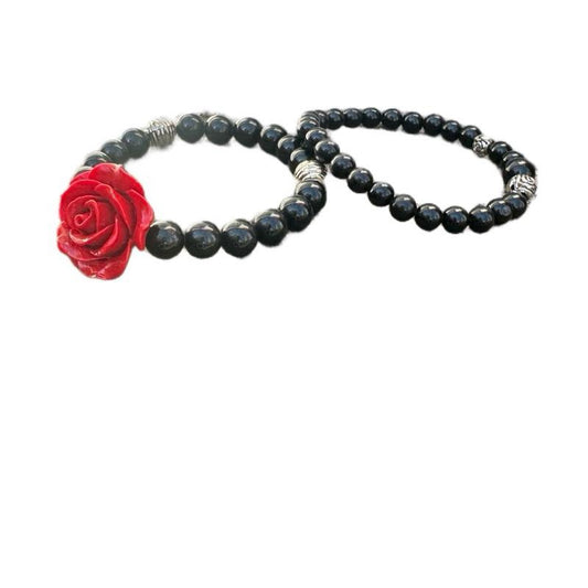 Red Rose Obsidian Crystal Bracelets - Unique Design with Black Beads and Red Rose Accent