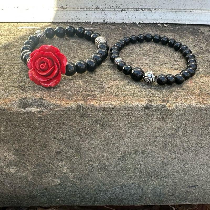 Red Rose Obsidian Crystal Bracelets - Unique Design with Black Beads and Red Rose Accent