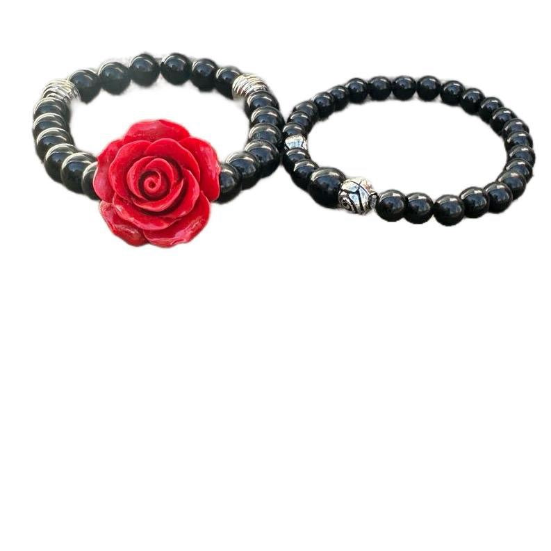 Red Rose Obsidian Crystal Bracelets - Unique Design with Black Beads and Red Rose Accent