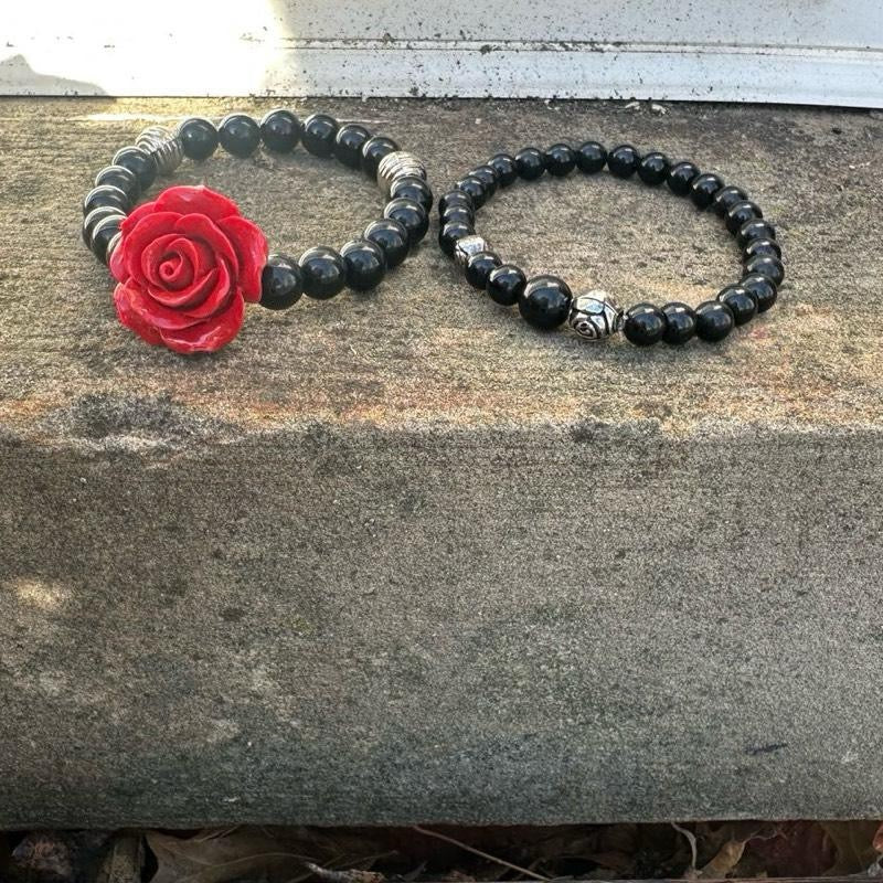 Red Rose Obsidian Crystal Bracelets - Unique Design with Black Beads and Red Rose Accent