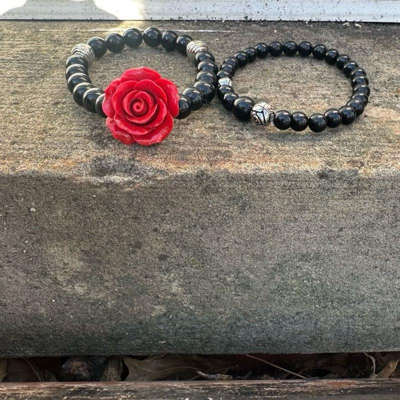 Red Rose Obsidian Crystal Bracelets - Unique Design with Black Beads and Red Rose Accent