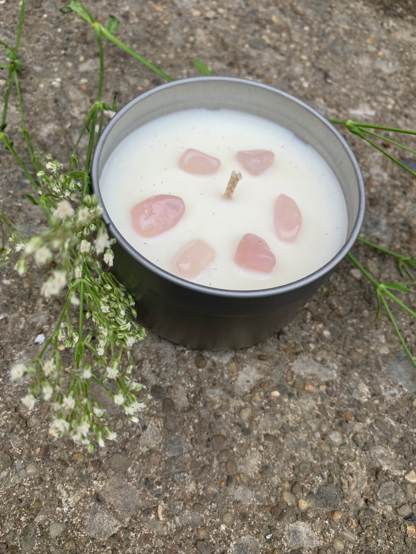 Rose Quartz tin can candle