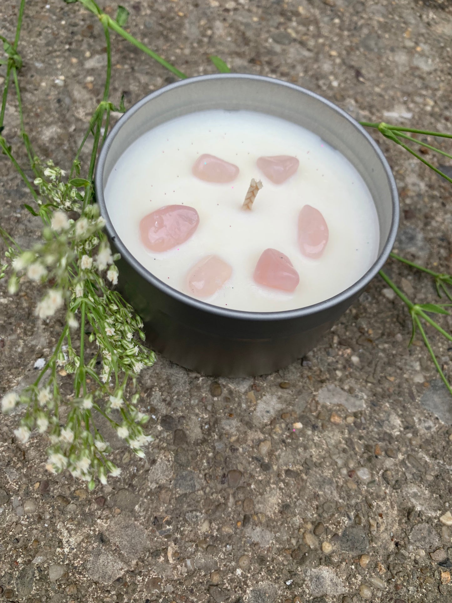 Rose Quartz tin can candle